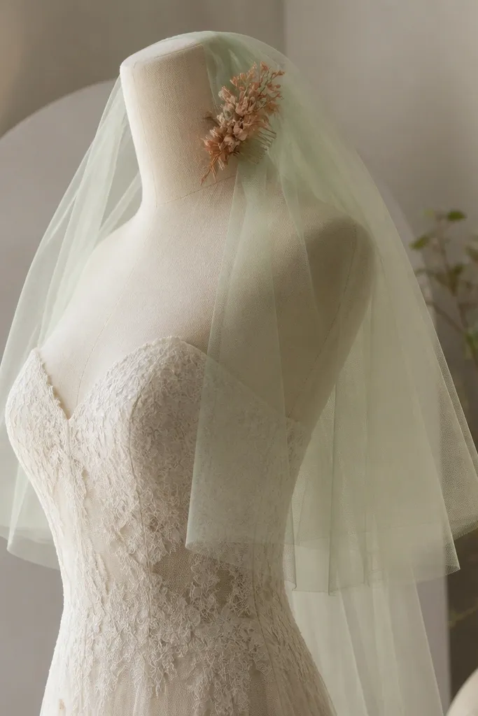 A mannequin wearing a cream lace wedding gown; a translucent sage tulle veil falls to the elbows, with a soft terracotta hair comb tucked near the side.