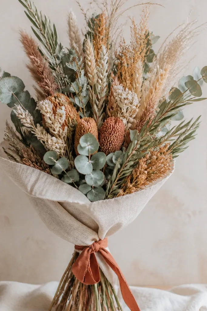 A hand-tied bouquet of dried grasses, sage-green dried eucalyptus, terracotta dried blooms, and olive stems, wrapped in cream linen with a short terracotta ribbon.