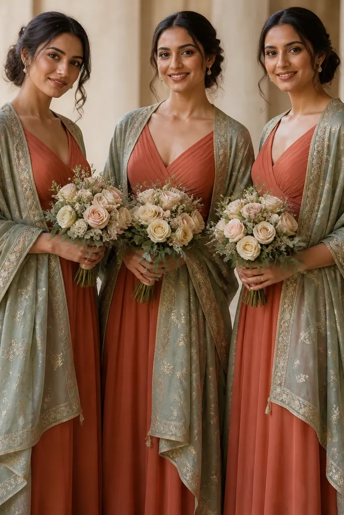 Terracotta chiffon bridesmaid dresses paired with sage embroidered shawls draped over shoulders; the shawls catch light with a subtle stitched pattern.