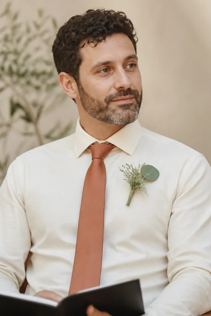 A seated officiant in a neutral cream shirt wearing a terracotta necktie; a sage boutonniere sits on the lapel with a small eucalyptus leaf.