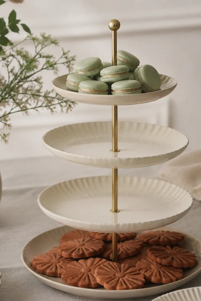 A dessert table with a multi-tier stand; top tier has sage-green macarons, bottom tier has terracotta cookies, and cream cake plates sit between.