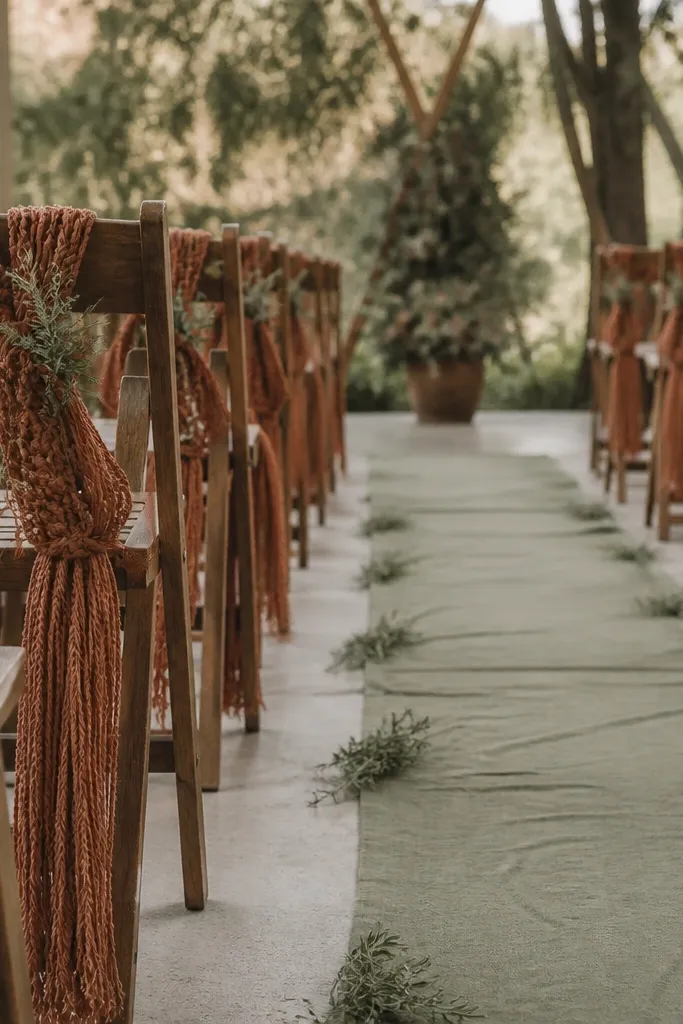 Wooden ceremony chairs tied with terracotta macrame-style fabric bows; a sage runner runs down the aisle with small sprigs tucked at intervals.