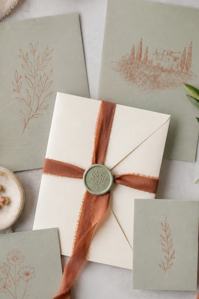 A flat lay of sage paper invitations with terracotta ink text; a cream envelope is tied with a terracotta ribbon, and a sage wax seal sits on top.