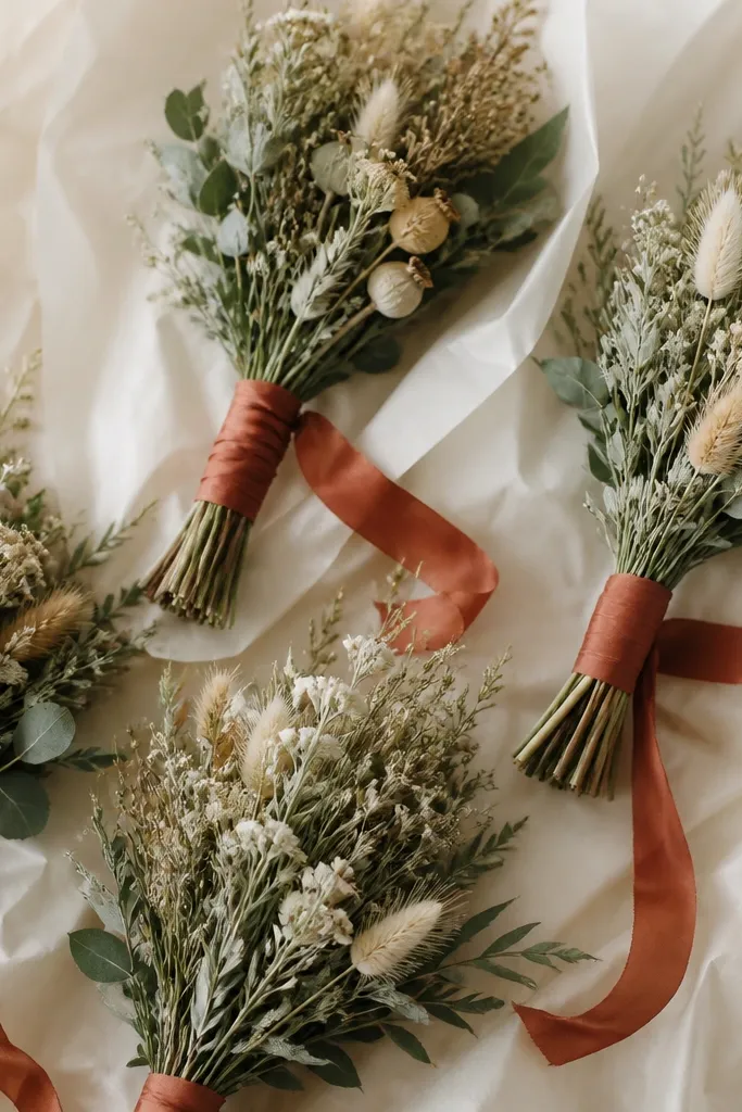 Small bridesmaid bouquets in sage-toned dried flowers with terracotta ribbon wrapped around the stems; cream wrapping paper sits underneath.
