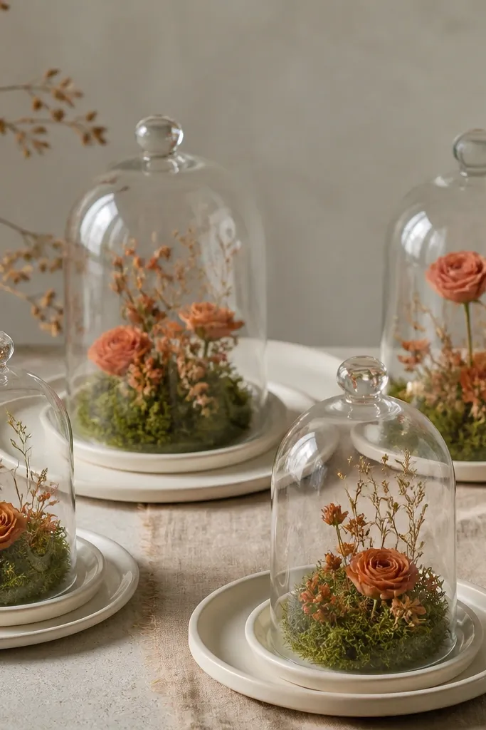Glass cloches over small arrangements; sage-green moss sits inside, terracotta-colored mini blooms are arranged around, and the cloches sit on cream plates.