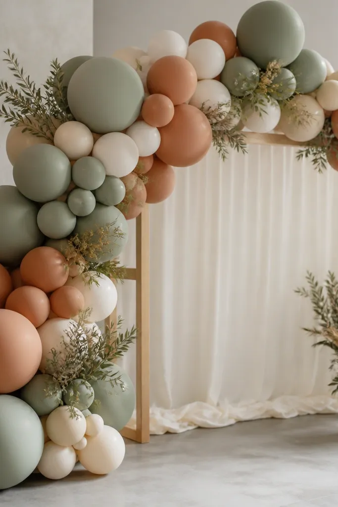 A balloon arch area with matte sage balloons and matte terracotta balloons mixed with cream balloons; the cluster sits near a wedding backdrop with dried greenery.