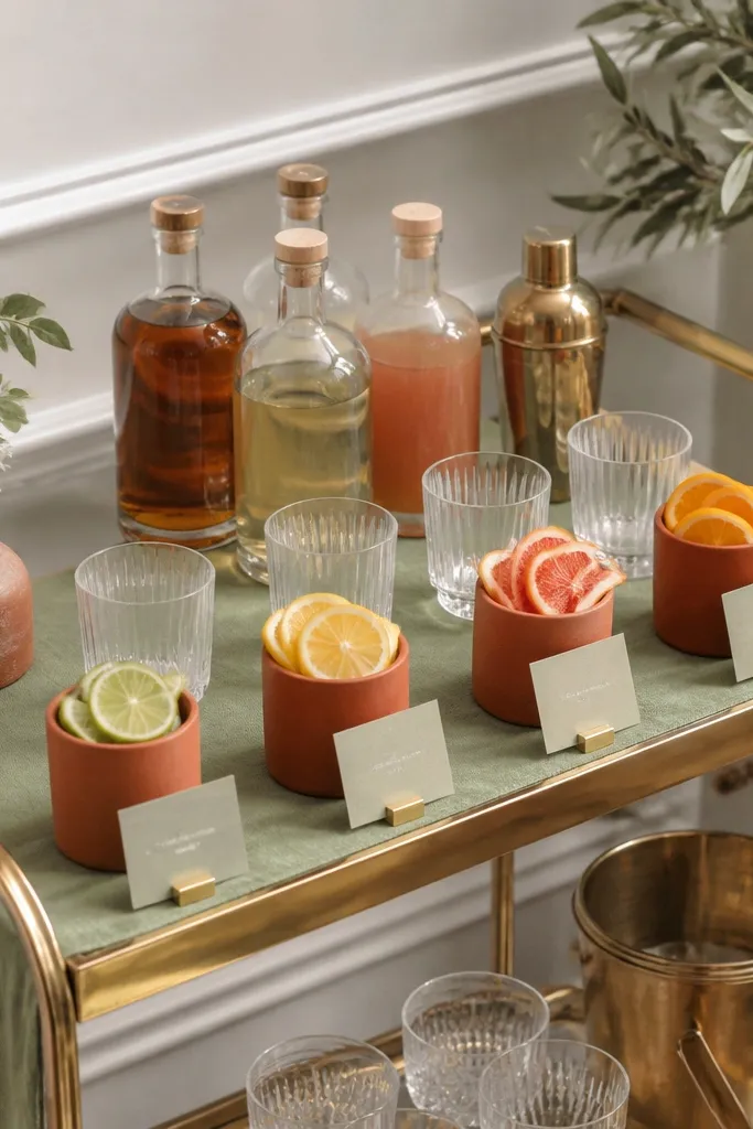 A bar cart with a sage-green table runner; terracotta drink buckets hold citrus slices, and small sage labels with terracotta ink sit on each drink.