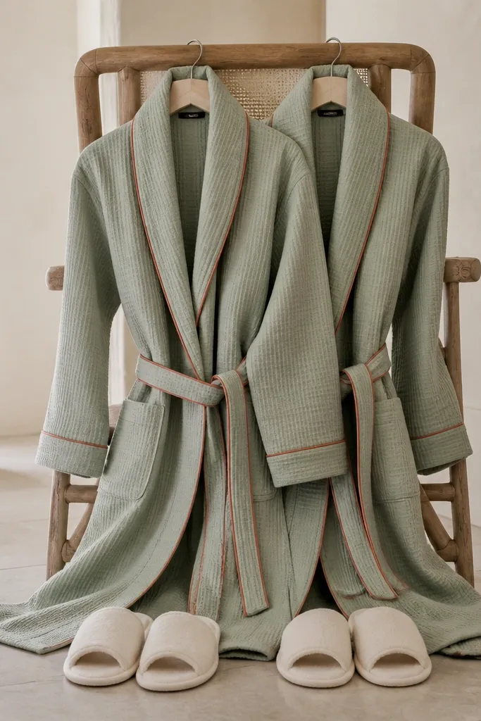 Matching sage robes hanging on a chair; each robe has terracotta piping along the collar and belt, with cream slippers underneath.