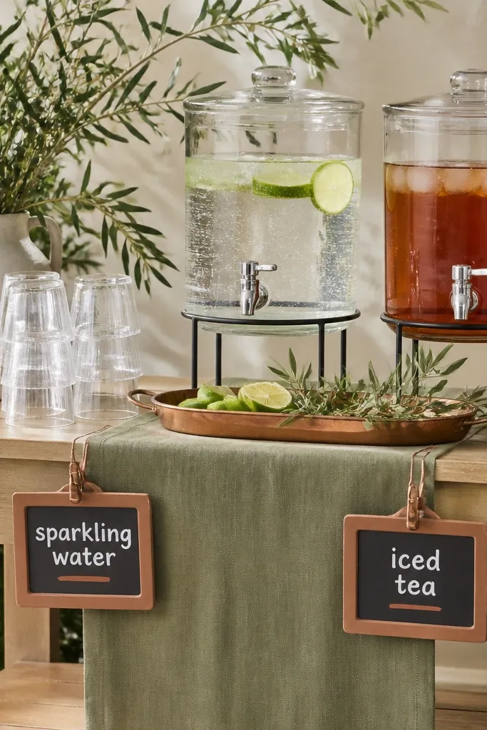 A drink welcome bar made from a light wood table. A sage-green runner sits down the center, terracotta-labeled chalkboard signs hang from small clips, and clear dispensers hold sparkling water and iced tea. A copper tray holds lime wedges and sprigs of olive, and the chalk text is handwritten in thick, rounded letters with terracotta-colored underlines.