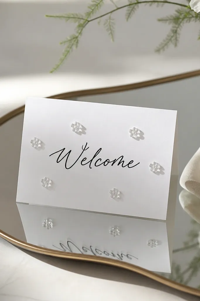 A mirror with a white sign card reading 'Welcome' in black script; tiny clear acrylic flower pieces are spaced like confetti around the text.