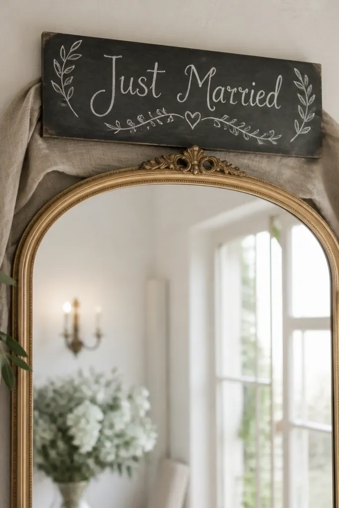 A mirror with a dark chalkboard-style rectangle mounted behind it; 'Just Married' is written in white chalk lettering, with a linen fabric panel draped behind the sign.