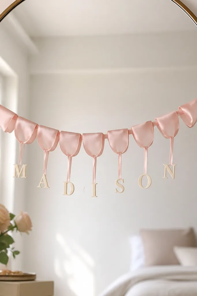 A mirror with a centered banner made of blush satin ribbon loops; small cutout letters hang from each ribbon segment spelling names.