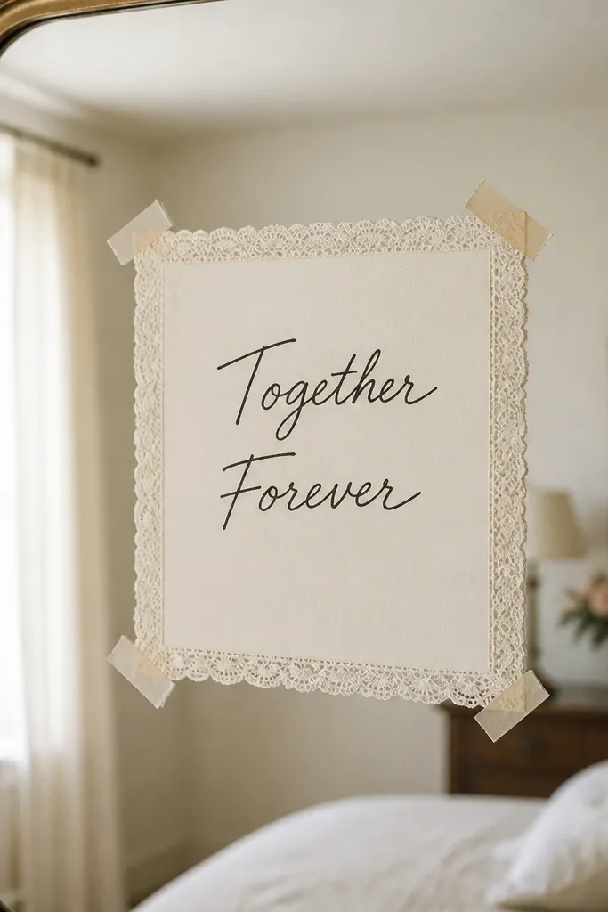 A cream sign framed by a lace border taped around the edges; 'Together Forever' is written in dark ink, centered on the mirror.