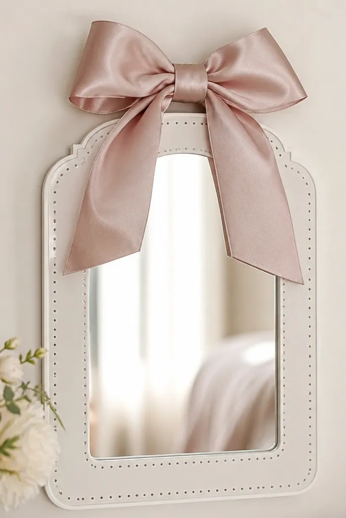 A mirror with a white nameplate that has small perforation holes along the edges; a big satin bow sits above it.