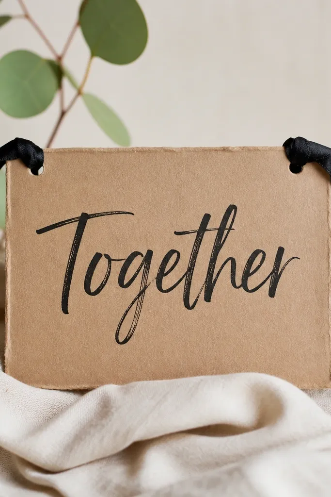 A kraft paper sign with hand-lettered 'Together' in black; two black ribbon ties hang from the top sides like a gift tag.
