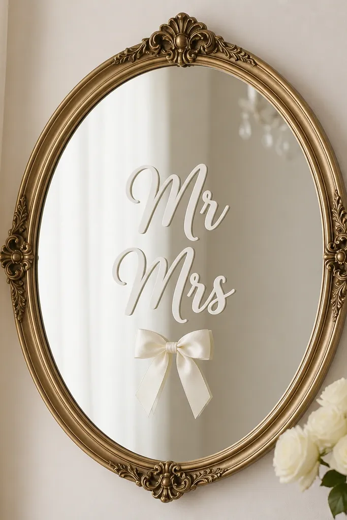 Two white acrylic letters 'Mr' and 'Mrs' stacked vertically in the center of the mirror, with a small satin ribbon bow below.