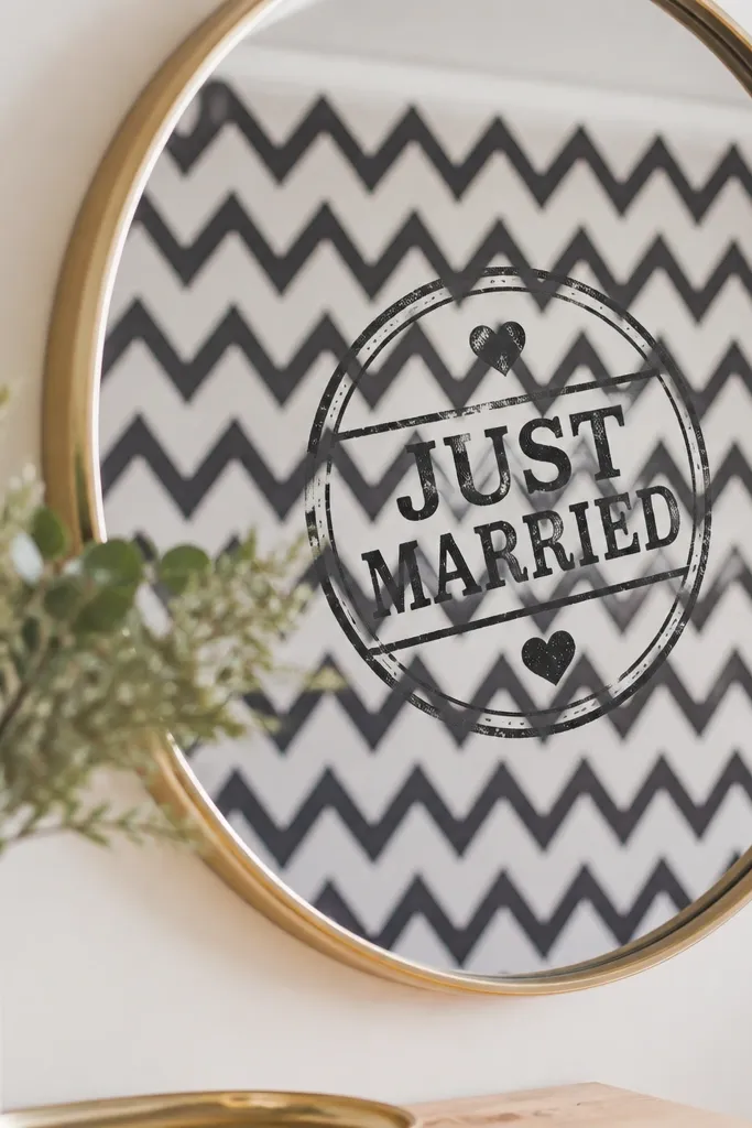 A mirror with a black and white chevron background; 'Just Married' looks like a rubber stamp in the center.