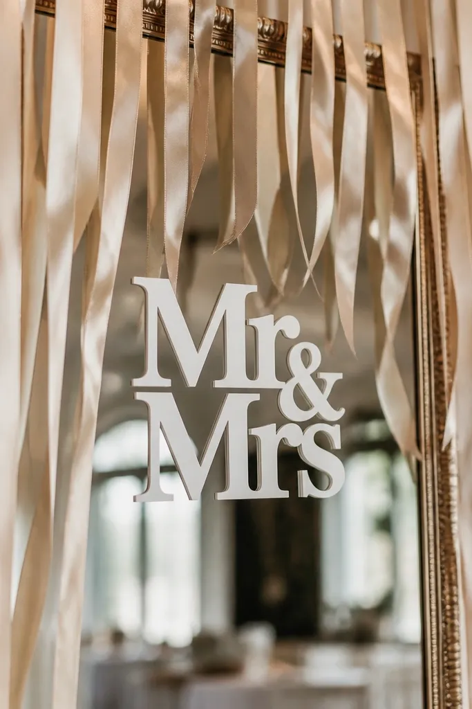 A mirror with champagne satin streamers hanging from above; a centered sign reads 'Mr & Mrs' in white letters.