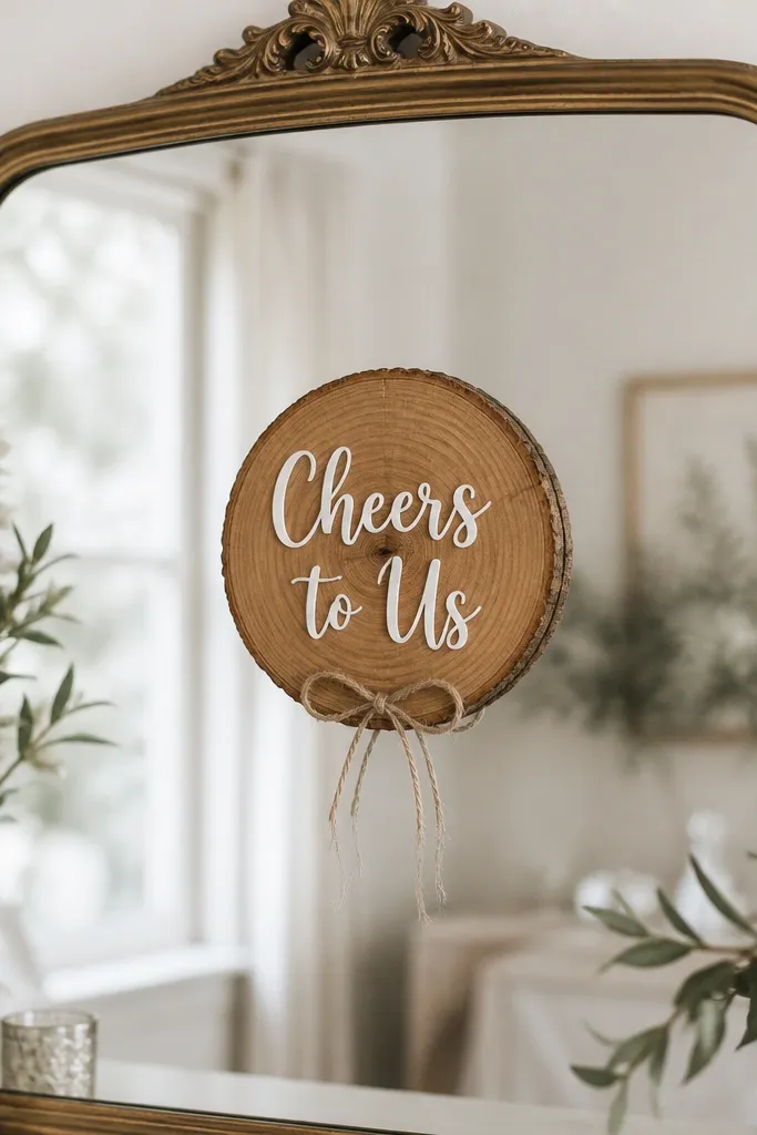 A mirror with a small round wood slice sign centered; 'Cheers to Us' is in white vinyl lettering, with a simple twine bow below.
