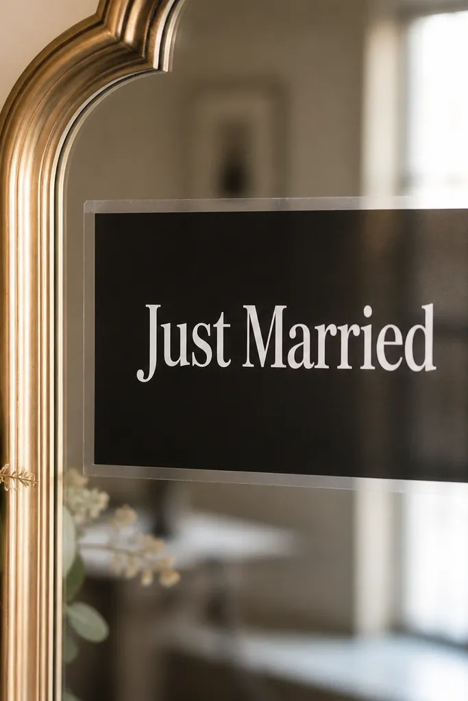 A mirror with a dark acrylic rectangle reading 'Just Married' in white; a clear tape border is visible around the sign edges like a clean frame.