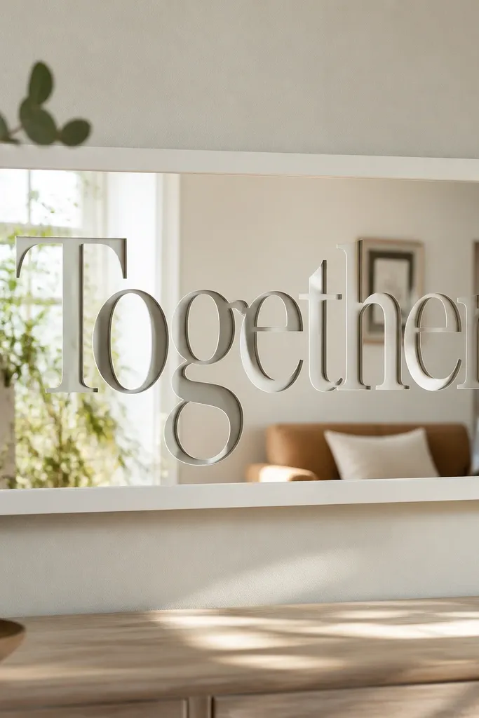A mirror with a white rectangle frame around the sign; 'Together' appears in cutout letters so the mirror shows through behind the words.