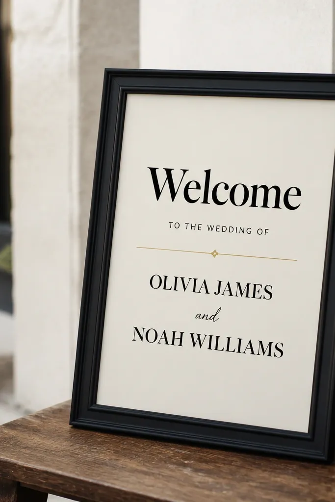 A rectangular black thrift frame on a chair table. Inside is a cream cardstock sheet with bold black text reading "Welcome" and smaller lines "to the wedding of" and two names. A thin gold line separates sections, and the sheet is crisp and flat behind glass.