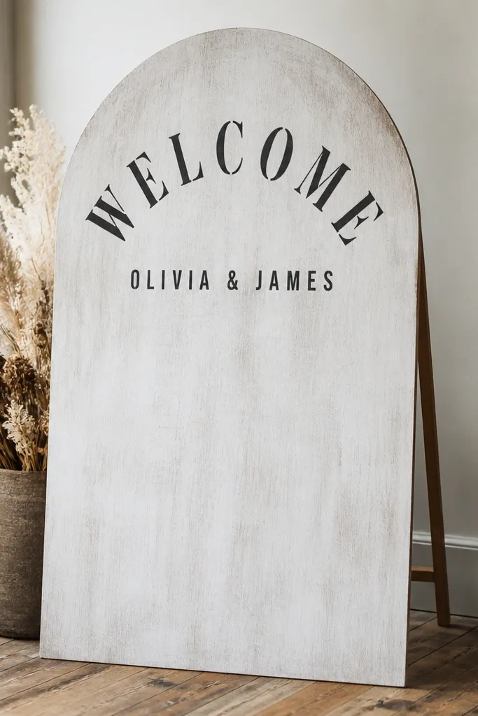A large cardboard arch cutout leaning on a stand. The arch is whitewashed with a dry brush look. "Welcome" is stenciled in black at the top curve, and the couple's names sit centered below in smaller block letters.
