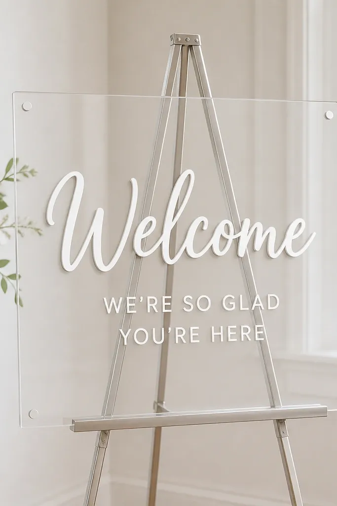 A clear acrylic or plastic board on a stand with white window clings. "Welcome" appears in large white letters with a subtle shadow effect. Smaller text sits under it, also in white clings, against a light background.