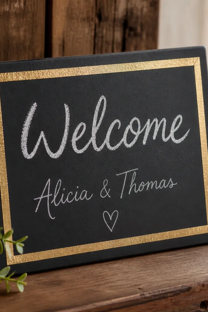 A small wooden panel painted matte black with chalkboard paint. "Welcome" is written in white chalk, and a gold tape border frames the edges. The couple's names are written in a smaller script style with a chalk stick.