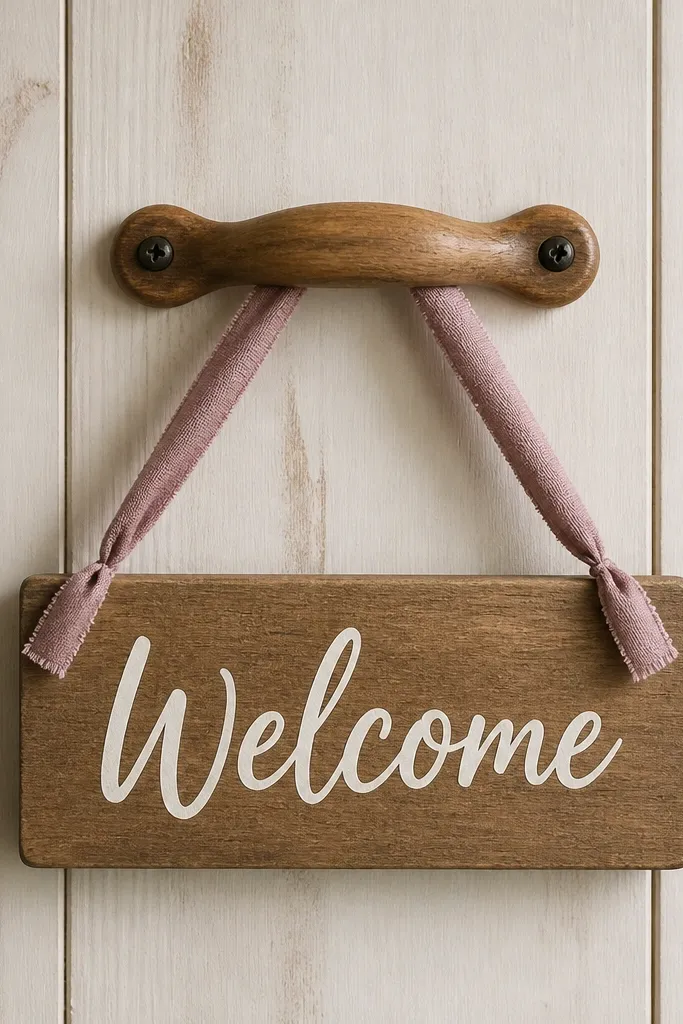 A wooden drawer handle mounted to a board. From the handle, a ribbon holds a small rectangular sign panel that reads "Welcome" in white paint on a warm wood background. The ribbon is dusty mauve and the panel sits centered.