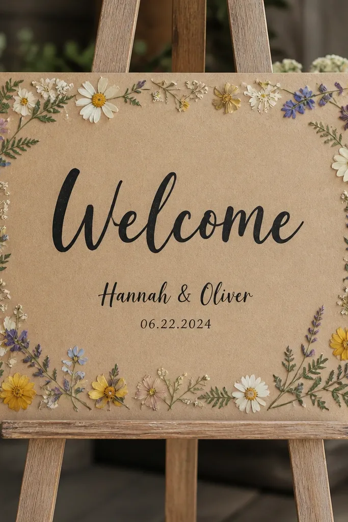 A kraft paper sign with a neat pressed flower border along the edges. "Welcome" is painted in black acrylic at the center top. The couple's names are painted below in a smaller font, with tiny date text under it.