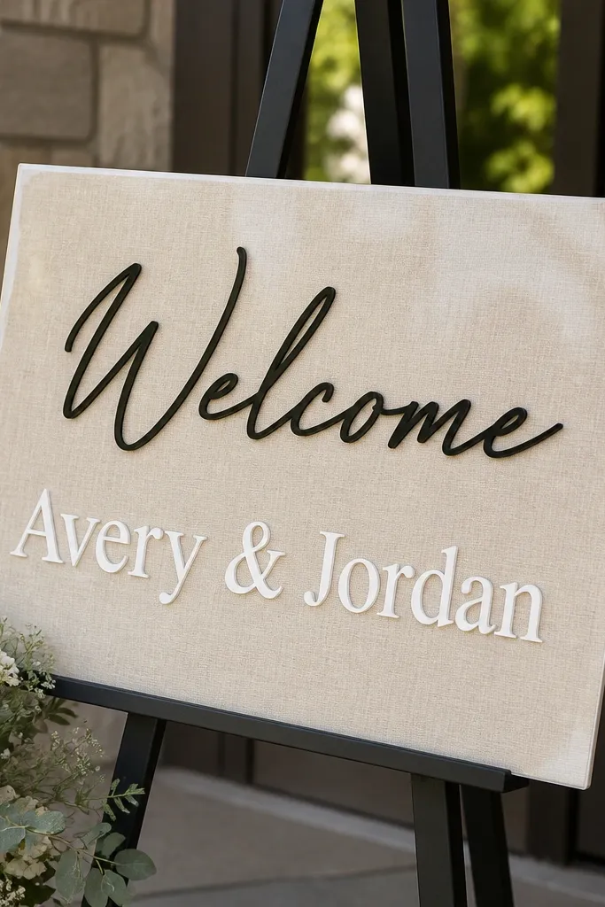 A large laminated placemat used as the base. On top, black vinyl reads "Welcome," and white vinyl names sit below. The edges are clean, and the sign is propped on an easel at an angle.