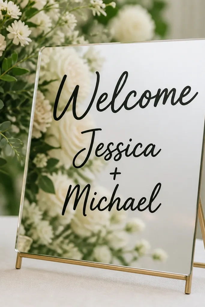 A small mirrored acrylic panel on a stand. The words "Welcome" and the couple's names are written in black permanent marker with a clean, bold style. The mirror reflects nearby flowers and the lettering stays readable.