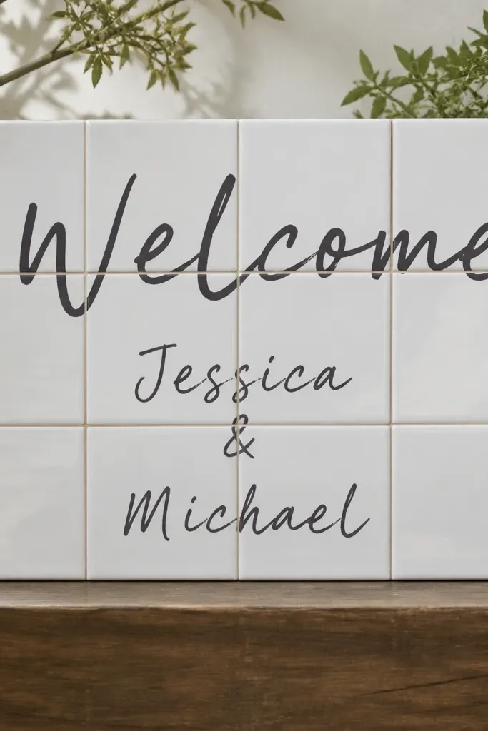 A board made of several white ceramic tiles arranged in a grid. "Welcome" is written in dark chalk marker across the top tiles. The couple's names are written in smaller lines across the center.