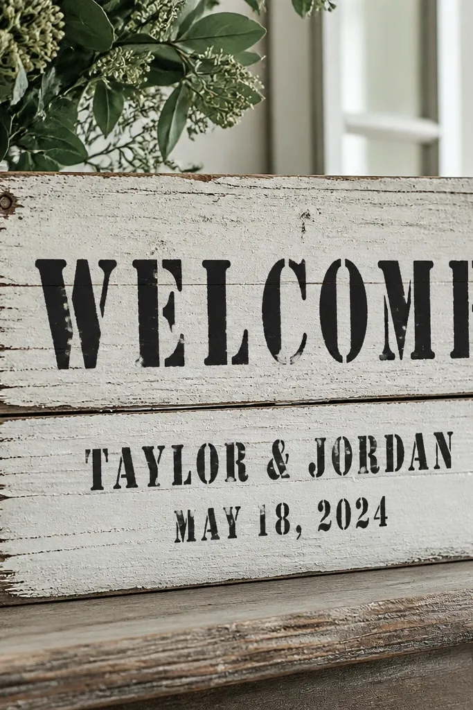 A small sign made from reclaimed-looking wood planks painted white with visible grain. "Welcome" is stenciled in black in the center. Names and date are stenciled below, with a thin dark stain line separating sections.