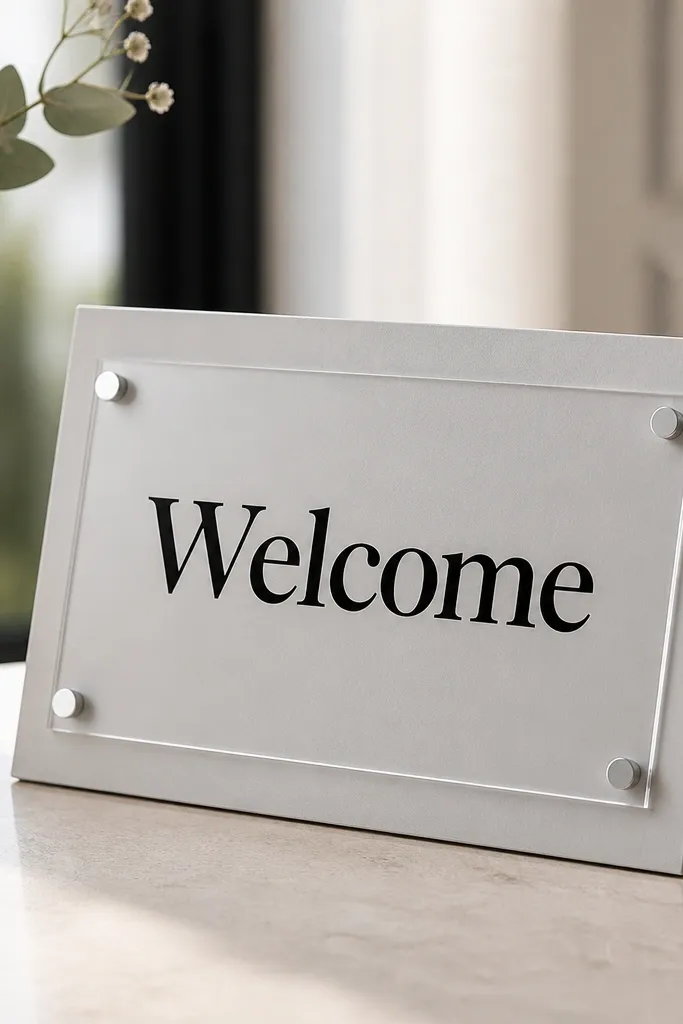 A layered sign with a foam board backing in light gray. On top sits a clear acrylic rectangle with "Welcome" printed or vinyl-cut in black. The sign has a simple easel stand and clean layered edges.