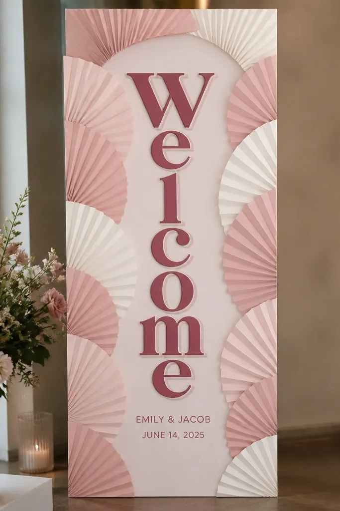 A tall sign with a layered fan background in blush and cream paper. In the center, stacked cardstock letters spell "Welcome" in dark rose, with a slight shadow layer behind each letter. Names and date sit smaller underneath.