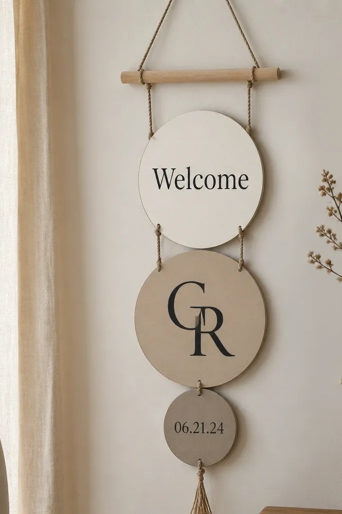 A dowel banner hung with several small painted wood circles. Each circle is a different neutral color like cream, sand, and taupe. The top circle reads "Welcome" in black paint, and two interlocking initials sit on the next circle with the date on a small bottom circle.