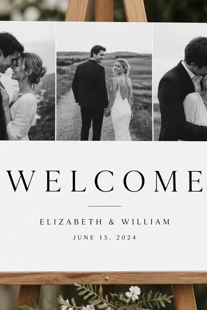 A sign with a black-and-white photo strip running across the top third. "Welcome" is printed in large black letters on white space below the strip. Names and date are printed in neat lines, aligned center.