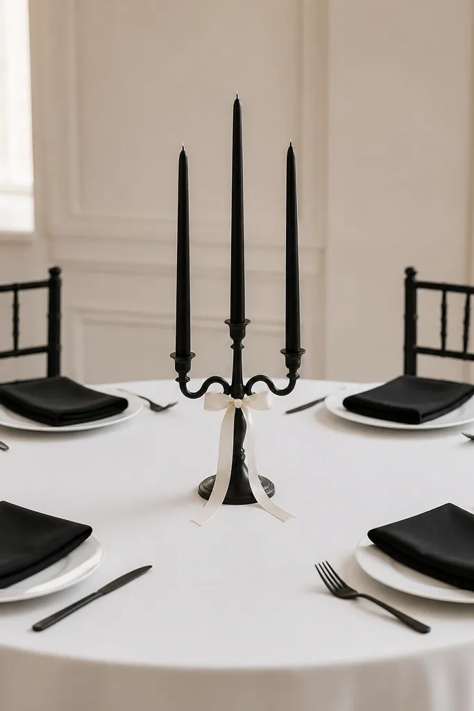 A round table covered in matte white linen. Each place setting has a white dinner plate, black flatware, and a folded black napkin. Centered above the plates is a small black candelabra holding three jet-black taper candles, with a thin strip of white ribbon around the base.