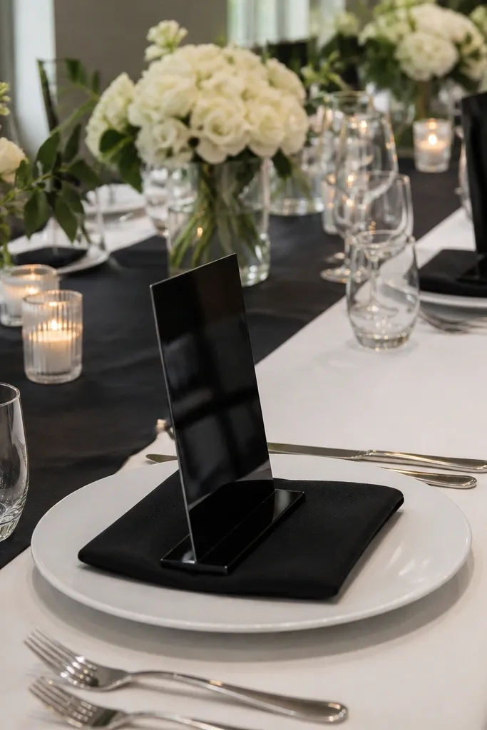 A banquet table with a long black runner down the center. White plates sit on top of the runner area, each with a black napkin folded into a rectangle. A glossy black acrylic menu card holder stands at each place, catching light.