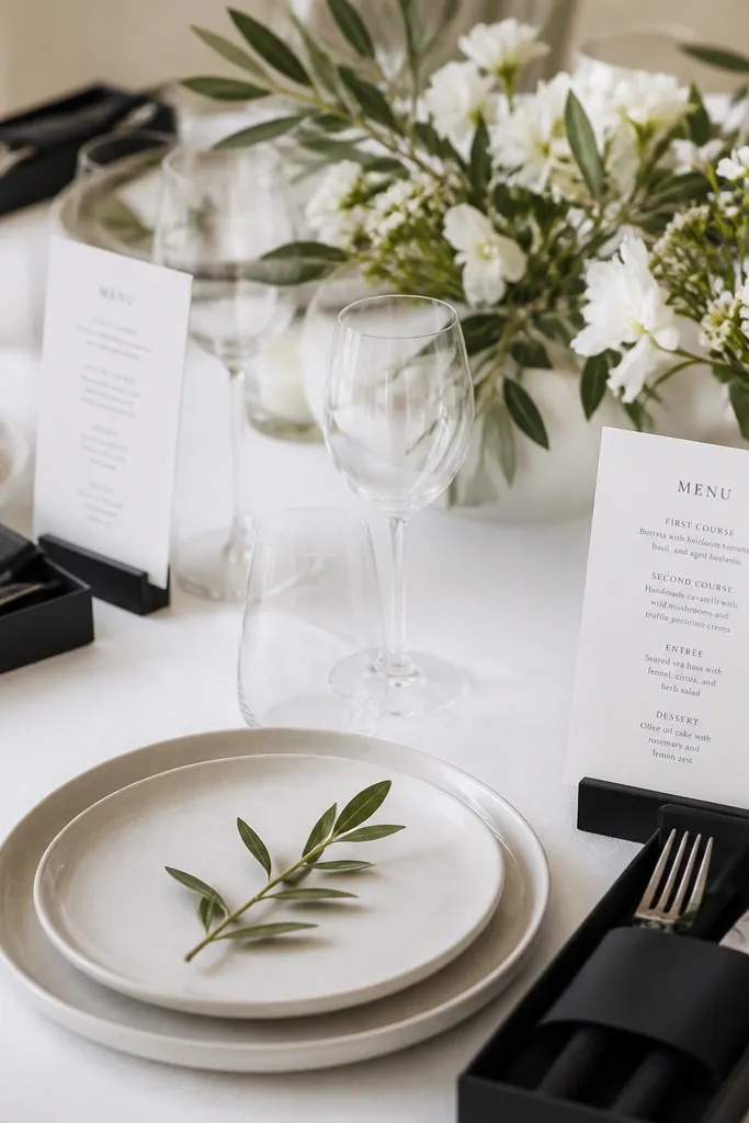At each setting, a black acrylic flatware caddy holds folded utensils and a black napkin band. A white menu card with black typography sits upright near the plate. The table surface is a clean white cloth.