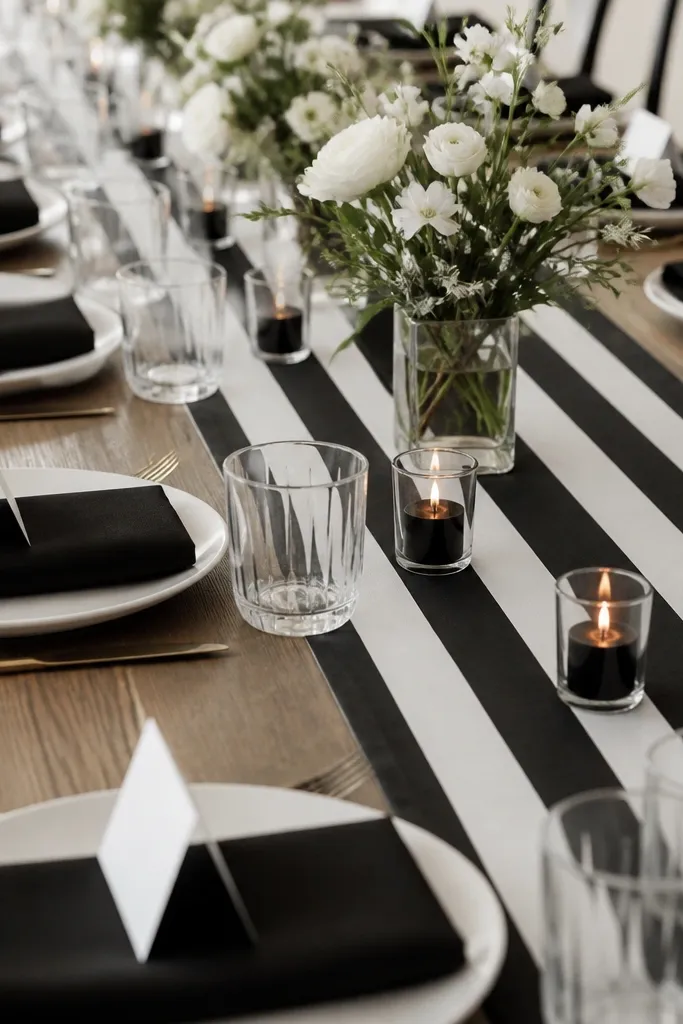 A black and white striped runner runs lengthwise. White plates sit under black napkins folded flat. Each place has a small black candle in a clear glass holder, and the place cards are white with black ink.
