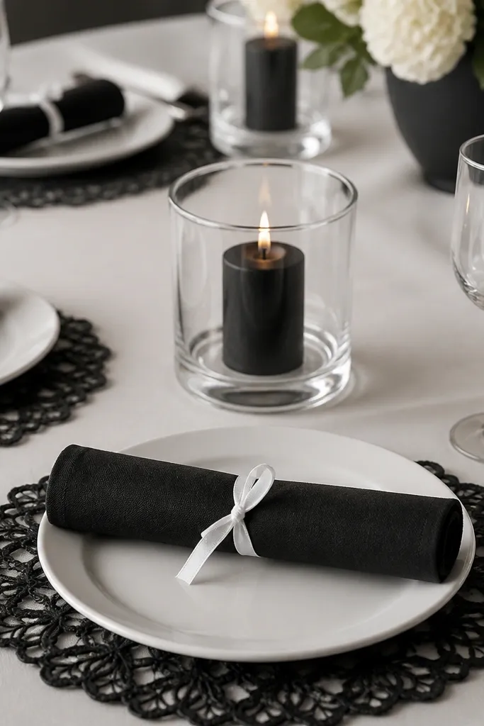 Black lace placemats under white dinner plates. Black linen napkins are folded into a roll with a small white ribbon tie. Small black pillar candles sit in clear glass hurricane holders at the center.