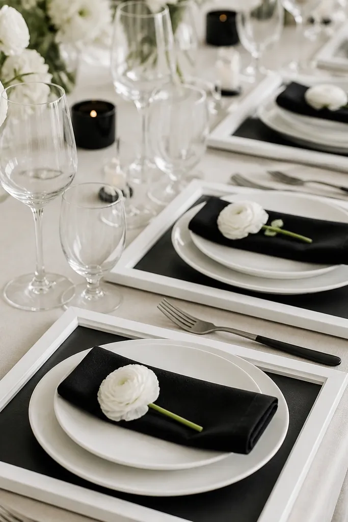Each place setting has a white picture frame lying flat or propped slightly. Inside the frame is a black menu card with white typography. White plates and black napkins sit centered, and a single white flower stem is tucked at the base.