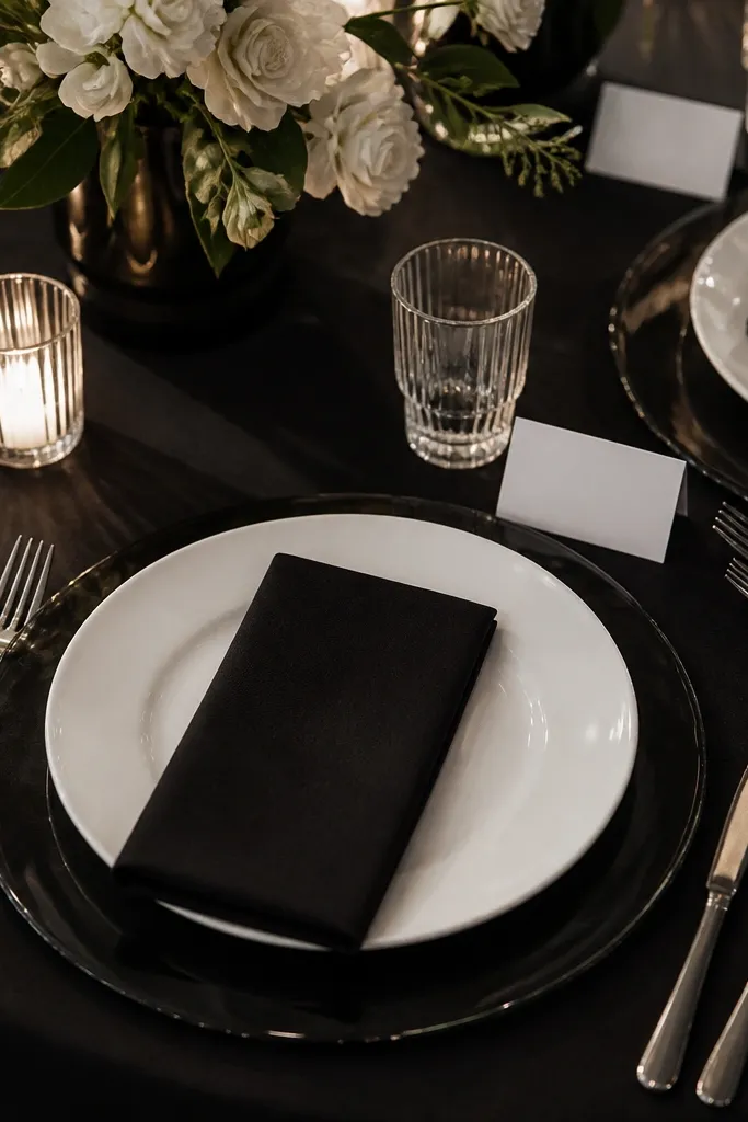 Clear black-tinted glass chargers under white plates. The chargers catch candlelight and show a dark halo around each plate. Black napkins are folded into a simple rectangle, and white place cards are placed neatly at the top right.