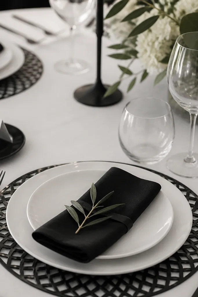 A white tablecloth with a black cutout charger under each white plate. The charger has a geometric cut pattern. Black napkins are folded and a white place card sits on top of a small black plate.