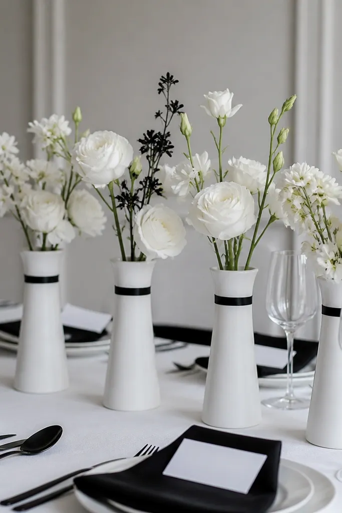 White bud vases in the center, each wrapped with a thin black ribbon band near the top. White flowers sit inside and a few black-tinted stems appear. Place settings show black napkins and white place cards.