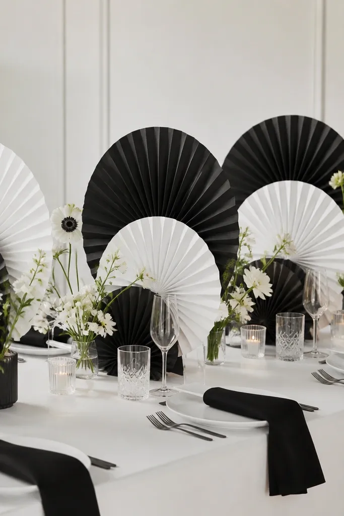 Paper fans in black and white placed behind each menu card. The fans are vertical and layered, while the place settings have white plates and black napkins. The table is covered in a solid white cloth.