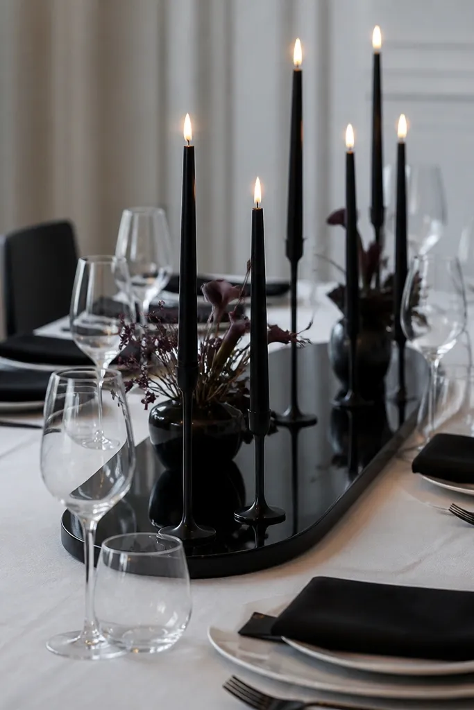 A centerpiece tray covered with black mirrored finish. On it sit black taper candles in simple holders. The tray sits on a long white tablecloth, and each place setting has black napkins and white plates.